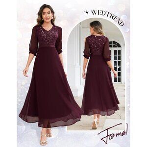 Womens S Burgundy Formal Dress Sequins Lace Bodice Sheer Sleeves Back Zipper